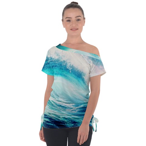 Tsunami Waves Ocean Sea Nautical Nature Water Nature Off Shoulder Tie-up Tee by uniart180623