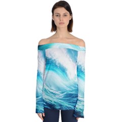 Tsunami Waves Ocean Sea Nautical Nature Water Nature Off Shoulder Long Sleeve Top