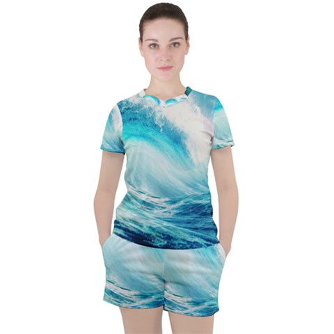 Tsunami Waves Ocean Sea Nautical Nature Water Nature Women s Tee And Shorts Set by uniart180623