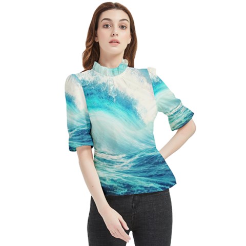 Tsunami Waves Ocean Sea Nautical Nature Water Nature Frill Neck Blouse by uniart180623