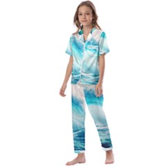 Tsunami Waves Ocean Sea Nautical Nature Water Nature Kids  Satin Short Sleeve Pajamas Set by uniart180623