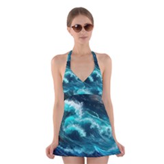 Thunderstorm Tsunami Tidal Wave Ocean Waves Sea Halter Dress Swimsuit  by uniart180623