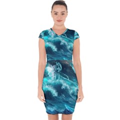 Thunderstorm Tsunami Tidal Wave Ocean Waves Sea Capsleeve Drawstring Dress  by uniart180623