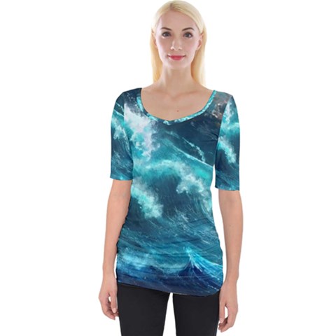 Thunderstorm Tsunami Tidal Wave Ocean Waves Sea Wide Neckline Tee by uniart180623