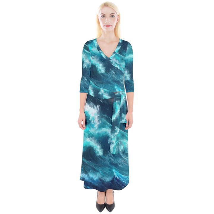 Thunderstorm Tsunami Tidal Wave Ocean Waves Sea Quarter Sleeve Wrap Maxi Dress