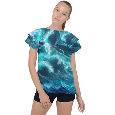 Thunderstorm Tsunami Tidal Wave Ocean Waves Sea Ruffle Collar Chiffon Blouse by uniart180623