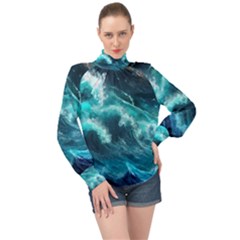 Thunderstorm Tsunami Tidal Wave Ocean Waves Sea High Neck Long Sleeve Chiffon Top by uniart180623