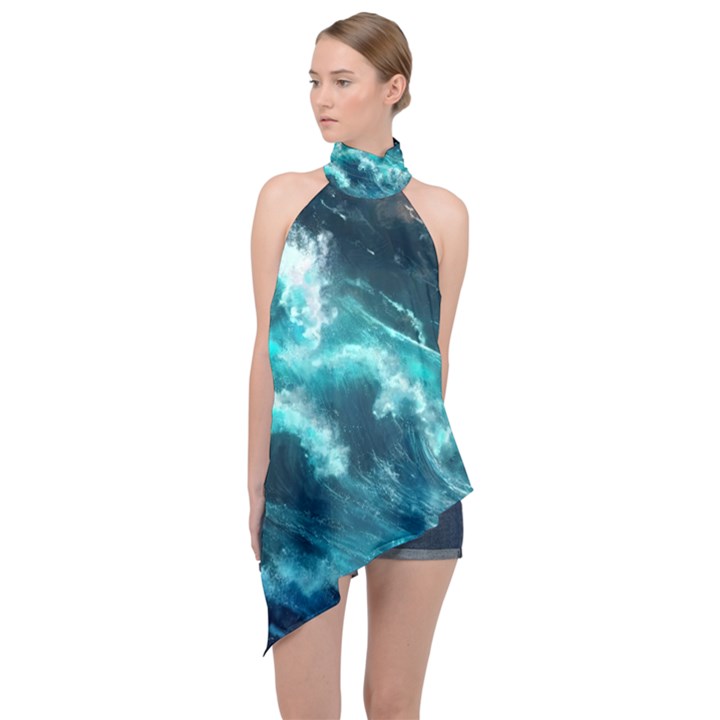 Thunderstorm Tsunami Tidal Wave Ocean Waves Sea Halter Asymmetric Satin Top