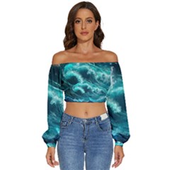 Thunderstorm Tsunami Tidal Wave Ocean Waves Sea Long Sleeve Crinkled Weave Crop Top by uniart180623