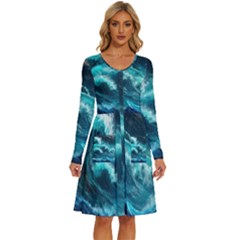 Thunderstorm Tsunami Tidal Wave Ocean Waves Sea Long Sleeve Dress With Pocket by uniart180623