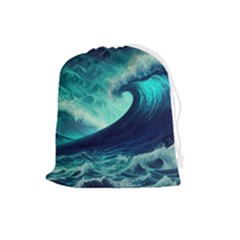 Ai Generated Waves Ocean Sea Tsunami Nautical Fantasy Drawstring Pouch (large) by uniart180623