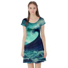 Ai Generated Waves Ocean Sea Tsunami Nautical Fantasy Short Sleeve Skater Dress by uniart180623