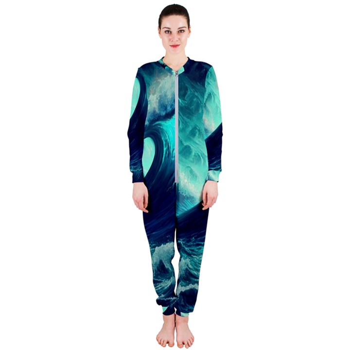 Ai Generated Waves Ocean Sea Tsunami Nautical Fantasy OnePiece Jumpsuit (Ladies)