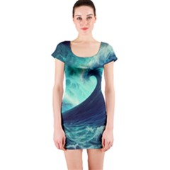 Ai Generated Waves Ocean Sea Tsunami Nautical Fantasy Short Sleeve Bodycon Dress by uniart180623