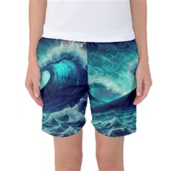 Ai Generated Waves Ocean Sea Tsunami Nautical Fantasy Women s Basketball Shorts by uniart180623