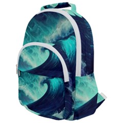 Ai Generated Waves Ocean Sea Tsunami Nautical Fantasy Rounded Multi Pocket Backpack by uniart180623