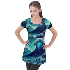 Ai Generated Waves Ocean Sea Tsunami Nautical Fantasy Puff Sleeve Tunic Top by uniart180623