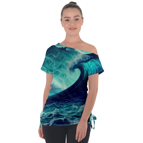 Ai Generated Waves Ocean Sea Tsunami Nautical Fantasy Off Shoulder Tie-up Tee by uniart180623