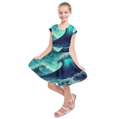 Ai Generated Waves Ocean Sea Tsunami Nautical Fantasy Kids  Short Sleeve Dress by uniart180623