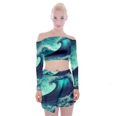 Ai Generated Waves Ocean Sea Tsunami Nautical Fantasy Off Shoulder Top With Mini Skirt Set by uniart180623