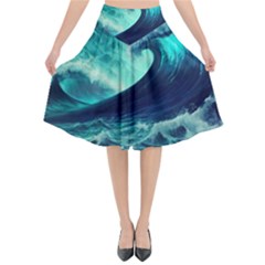 Ai Generated Waves Ocean Sea Tsunami Nautical Fantasy Flared Midi Skirt by uniart180623