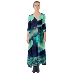 Ai Generated Waves Ocean Sea Tsunami Nautical Fantasy Button Up Boho Maxi Dress by uniart180623