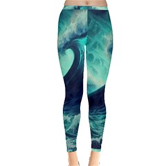 Ai Generated Waves Ocean Sea Tsunami Nautical Fantasy Inside Out Leggings by uniart180623