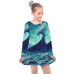 Ai Generated Waves Ocean Sea Tsunami Nautical Fantasy Kids  Long Sleeve Dress by uniart180623