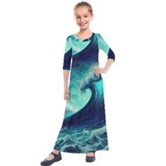 Ai Generated Waves Ocean Sea Tsunami Nautical Fantasy Kids  Quarter Sleeve Maxi Dress by uniart180623