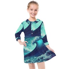 Ai Generated Waves Ocean Sea Tsunami Nautical Fantasy Kids  Quarter Sleeve Shirt Dress by uniart180623