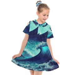 Ai Generated Waves Ocean Sea Tsunami Nautical Fantasy Kids  Short Sleeve Shirt Dress by uniart180623