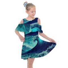 Ai Generated Waves Ocean Sea Tsunami Nautical Fantasy Kids  Shoulder Cutout Chiffon Dress by uniart180623