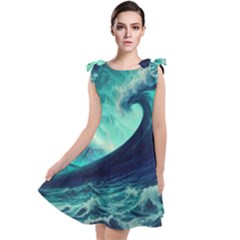 Ai Generated Waves Ocean Sea Tsunami Nautical Fantasy Tie Up Tunic Dress by uniart180623