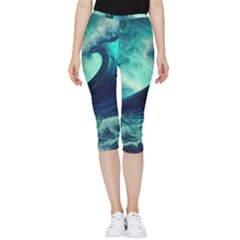 Ai Generated Waves Ocean Sea Tsunami Nautical Fantasy Inside Out Lightweight Velour Capri Leggings  by uniart180623