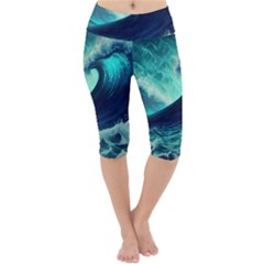 Ai Generated Waves Ocean Sea Tsunami Nautical Fantasy Lightweight Velour Cropped Yoga Leggings by uniart180623