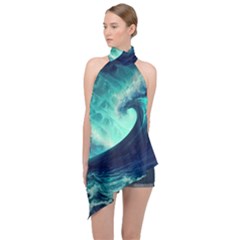 Ai Generated Waves Ocean Sea Tsunami Nautical Fantasy Halter Asymmetric Satin Top by uniart180623