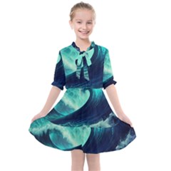 Ai Generated Waves Ocean Sea Tsunami Nautical Fantasy Kids  All Frills Chiffon Dress by uniart180623