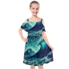 Ai Generated Waves Ocean Sea Tsunami Nautical Fantasy Kids  Cut Out Shoulders Chiffon Dress by uniart180623