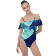 Ai Generated Waves Ocean Sea Tsunami Nautical Fantasy Frill Detail One Piece Swimsuit by uniart180623