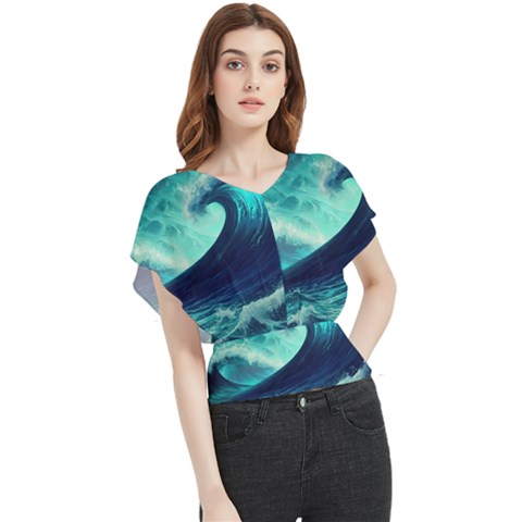 Ai Generated Waves Ocean Sea Tsunami Nautical Fantasy Butterfly Chiffon Blouse by uniart180623