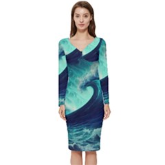 Ai Generated Waves Ocean Sea Tsunami Nautical Fantasy Long Sleeve V-neck Bodycon Dress  by uniart180623