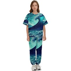 Ai Generated Waves Ocean Sea Tsunami Nautical Fantasy Kids  Tee And Pants Sports Set by uniart180623