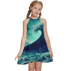 Ai Generated Waves Ocean Sea Tsunami Nautical Fantasy Kids  Halter Collar Waist Tie Chiffon Dress by uniart180623