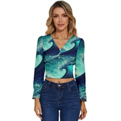 Ai Generated Waves Ocean Sea Tsunami Nautical Fantasy Long Sleeve V-neck Top by uniart180623