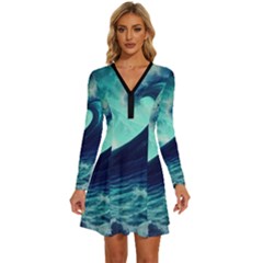 Ai Generated Waves Ocean Sea Tsunami Nautical Fantasy Long Sleeve Deep V Mini Dress  by uniart180623