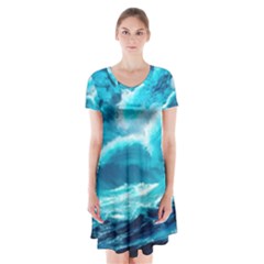 Ai Generated Waves Ocean Sea Tsunami Nautical Sea Short Sleeve V-neck Flare Dress by uniart180623