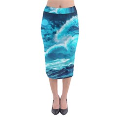 Ai Generated Waves Ocean Sea Tsunami Nautical Sea Midi Pencil Skirt by uniart180623