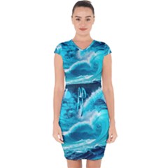 Ai Generated Waves Ocean Sea Tsunami Nautical Sea Capsleeve Drawstring Dress  by uniart180623