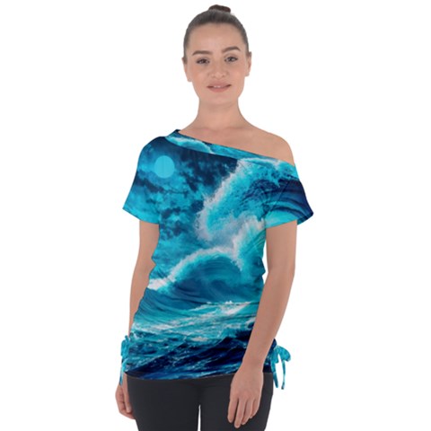 Ai Generated Waves Ocean Sea Tsunami Nautical Sea Off Shoulder Tie-up Tee by uniart180623