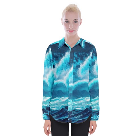 Ai Generated Waves Ocean Sea Tsunami Nautical Sea Womens Long Sleeve Shirt by uniart180623